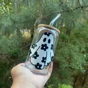 Hey Boo! Glass beer can shaped cup with lid and straw