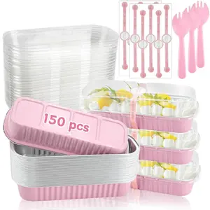 150 Pcs Mini Loaf Pans with Lids and Spoons Sealing Sticker, Rectangular Cake Pans Aluminum Foil Disposable Cake Containers, Small Cupcake Cups for Baking Wedding Birthday Party