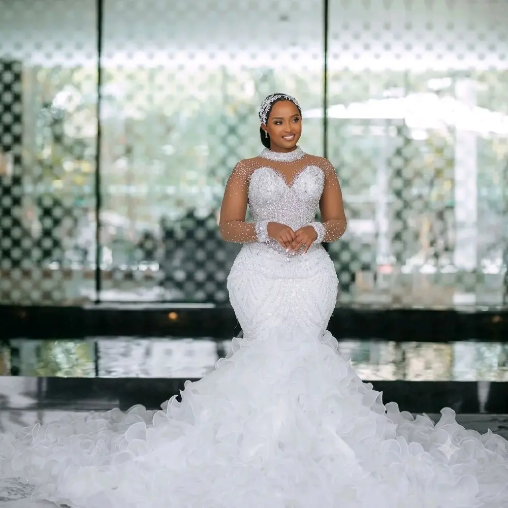 Luxury Pearl & Crystal Beaded Mermaid Wedding Dress with Dramatic Tiered Ruffle Train