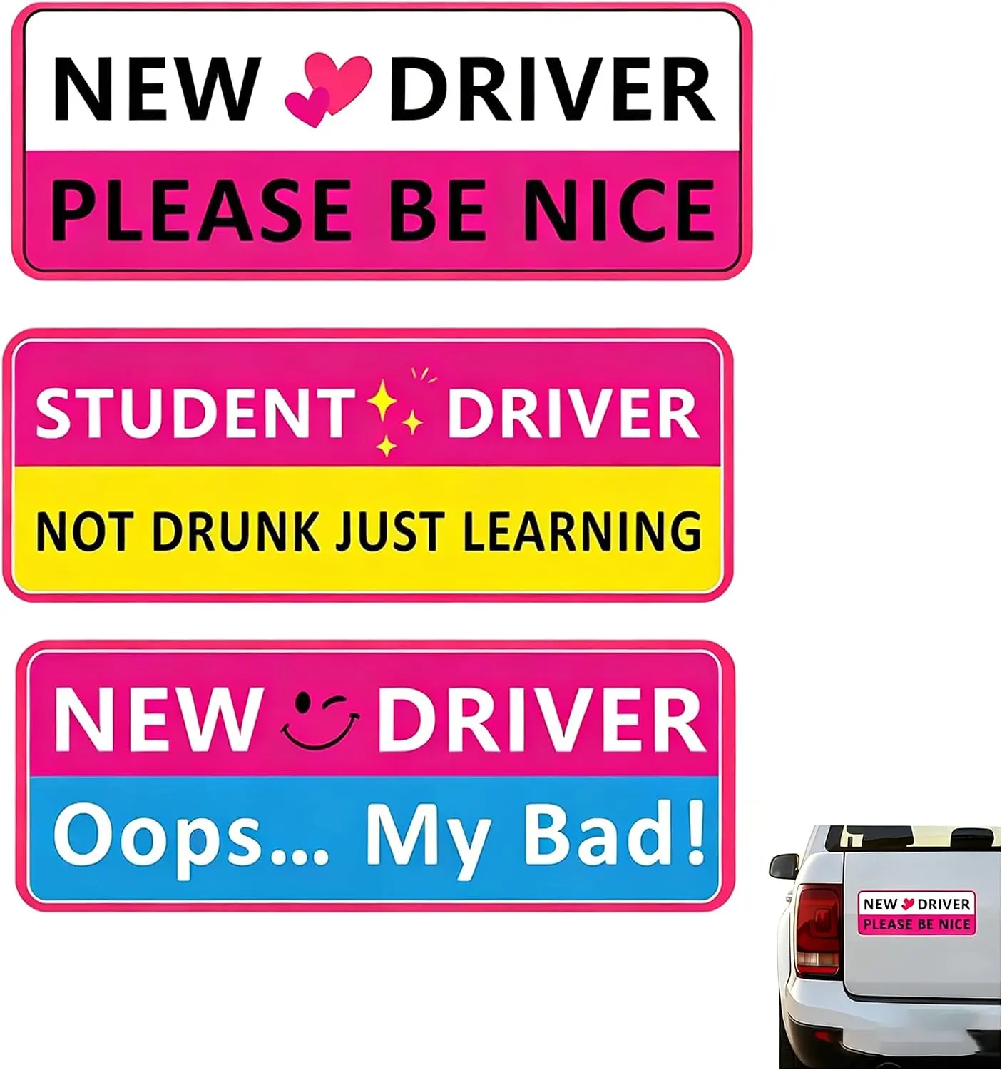 Premium Student Driver Car Magnet, 3-Pack Cute New Driver Sticker Decor, Safety Warning Auto Decal, Ideal New Driver Gifts for Beginner Teen Drivers (Pink)