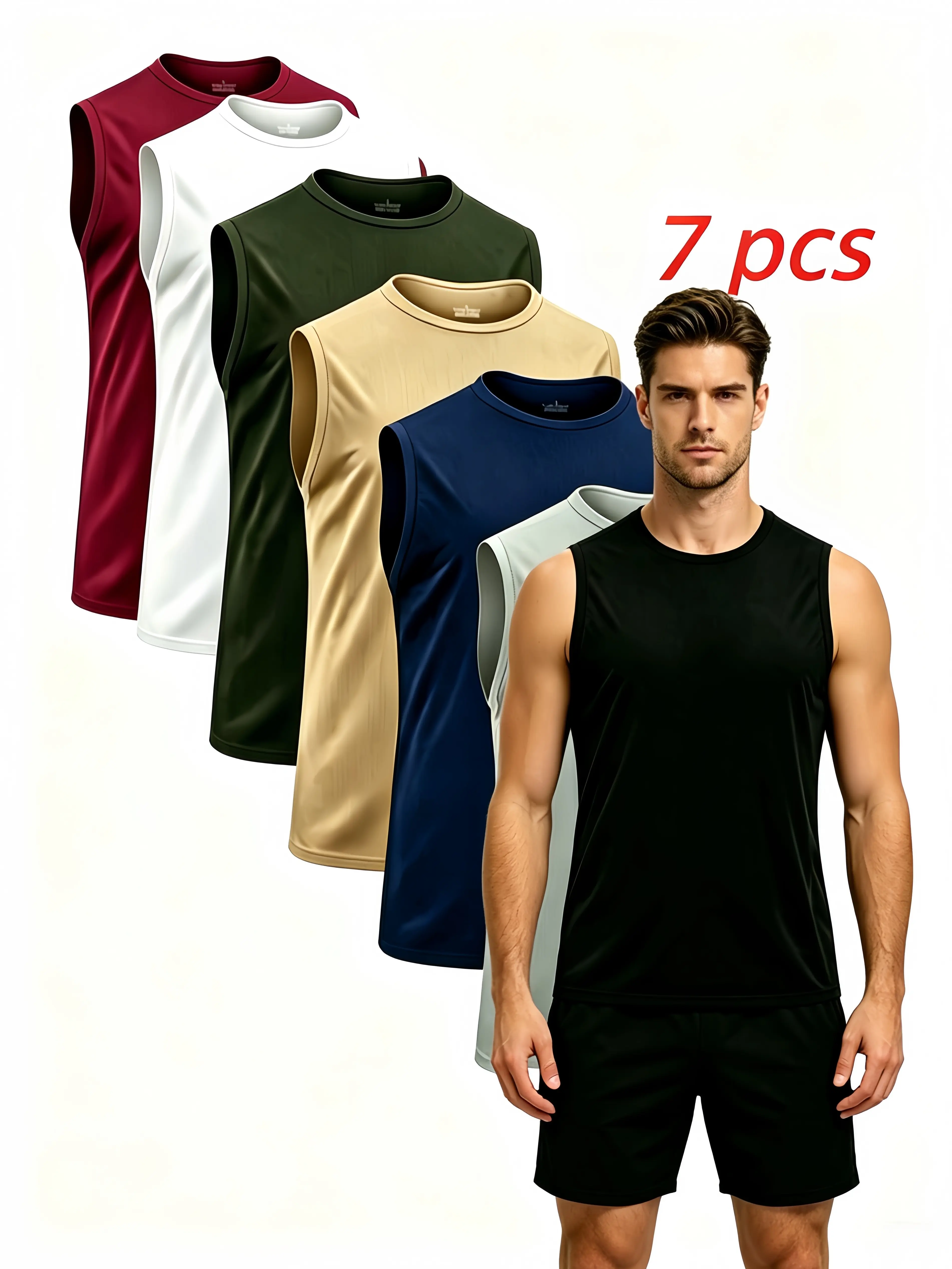7‑Pack Men’s Quick‑Dry Sleeveless Tank Tops, Breathable, Lightweight & Moisture‑Wicking Athletic Vests, Crew‑Neck Solid Color Workout Sleeveless Shirts,Summer Casual Fitness Tops,Sport Tank Shirts for Gym, Running,Outdoor Training and Daily‑Going‑Out Wear