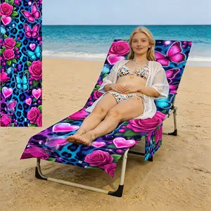 1PC Summer  Pink Blue Heart Butterfly Patterned beach chair cover with pockets, sand and sun protection, foldable microfiber quick-drying and absorbent cover, machine washable soft beach towel, suitable for beach, pool, patio, and outdoor use.