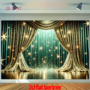 2D flat banner, 1 piece elegant green and gold shiny star polyester backdrop curtain, multifunctional photography background banner suitable for indoor/outdoor party decoration, holidays, birthdays, and studio props, luxurious stage design, luxurious text