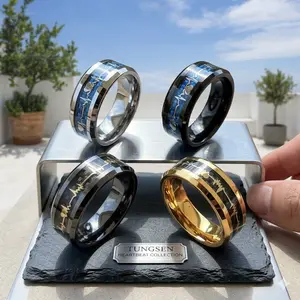 New style fashionable 8mm stainless steel ring, heartbeat design with carbon fiber - wedding party promise ring men jewelry
