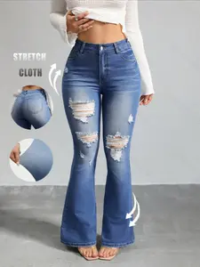 Women's High Stretch Washed Ripped Fit Denim Jeans Button, Chic Streetwear Street Style Casual Commuter Pants, Floor Length Flared Trousers