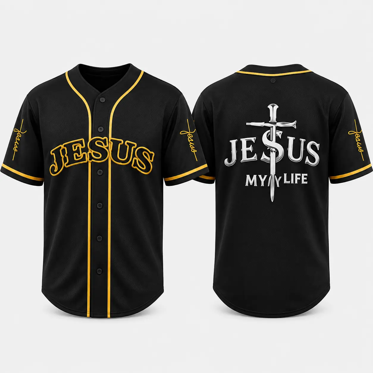 Jesus Christian Baseball Jersey Shirt, Jesus My Life Cross Graphic Button Up Top, Black Gold Short Sleeve Unisex Faith Jersey