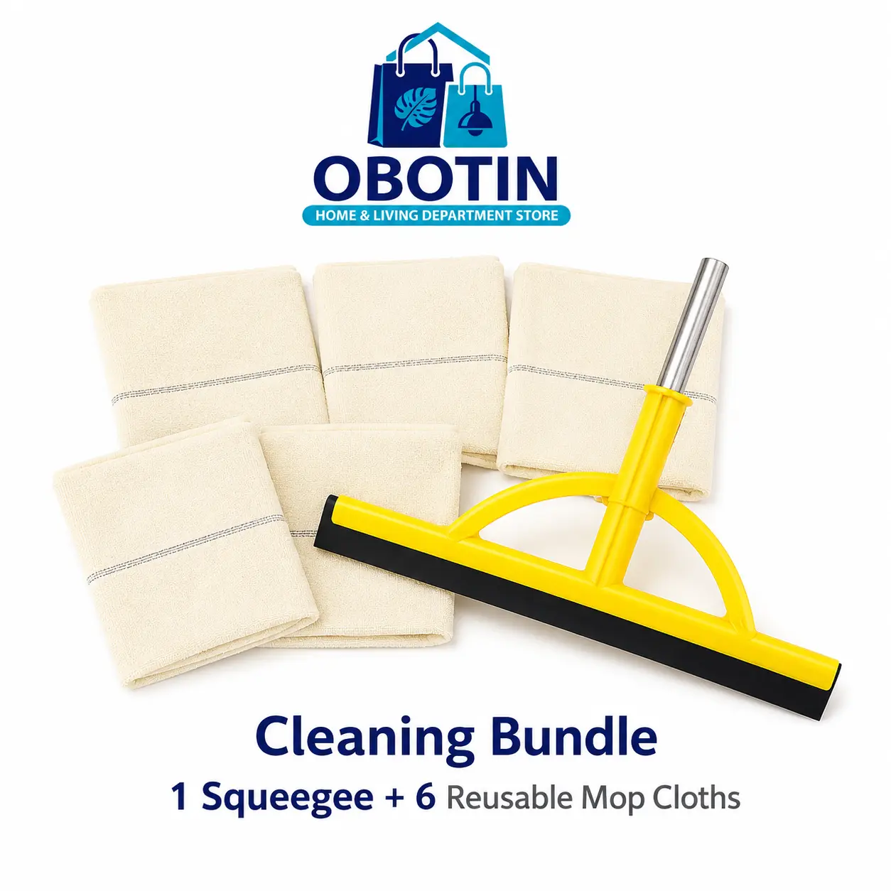OBOTIN Cleaning Combo: 2-in-1 Squeegee Mop with 6 Super Absorbent 100% Cotton Floor Cloths - Durable & Super Absorbent Mop And Cleaner Mop Replacement Set Portable Handheld Mop