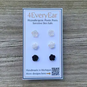 Dainty Flower Stud Earrings 3-Pack: Hypoallergenic Plastic Posts, NonMetal, Nickel Free, Sensitive Ears, Kids & Adults Floral Studs