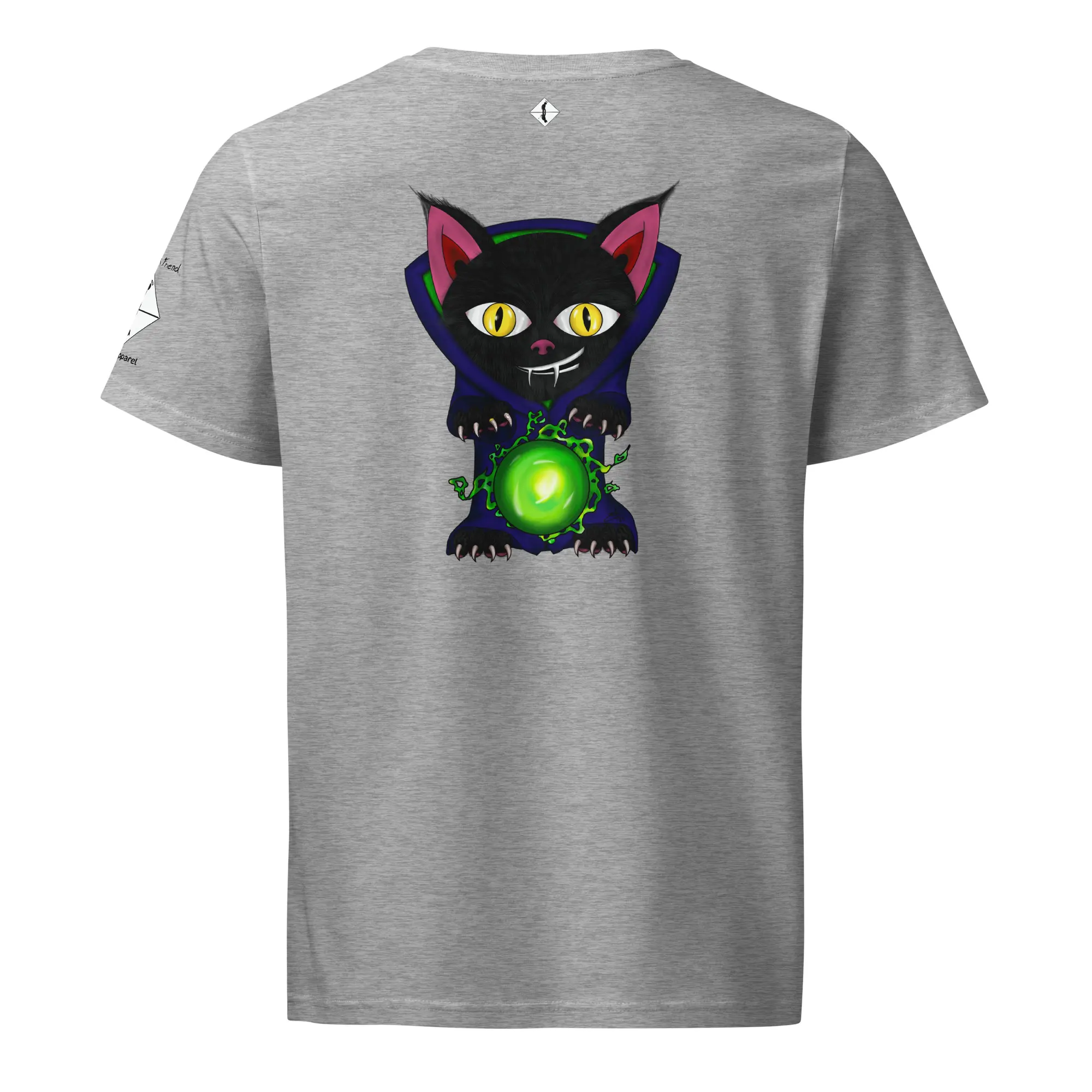 Magical Meow Cat Sorcerer Unisex 100% Organic Mid-Light T-Shirt Combed Ring-Spun Cotton Regular Fit Short Sleeve Tee Certified Organic Wizard Cat Top Green Orb Artwork