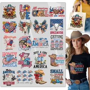 20PCS Western Patriotic DTF Heat Transfer Designs – Cowboy American Flag Iron-On Transfers for T-Shirts, Bags, Pillows, Hoodies, 4th of July Ready to Press Heat Transfers for Fabric
