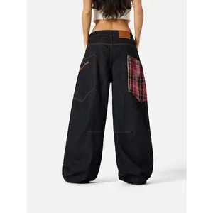 YYK Super Baggy Jeans Plaid Patchwork Big Pocket Denim Trousers Unisex Vintage Pants Casual Style for Men and Women
