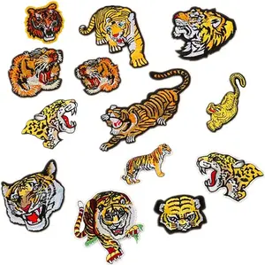 13pcs Assorted Lion Tiger Leopard Wolf Deer Eagle Embroidered Safri Animal Patches Sew Iron on Applique Badge (Tiger)