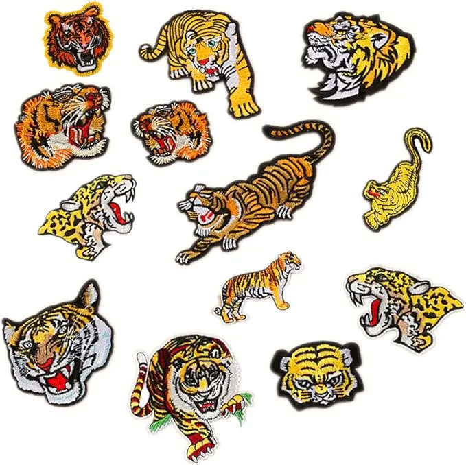 13pcs Assorted Lion Tiger Leopard Wolf Deer Eagle Embroidered Safri Animal Patches Sew Iron on Applique Badge (Tiger)