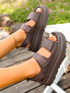 Women's Crocodile Pattern Velcro Sandals, Thick Sole Casual Beach Shoes, Summer New Arrival, Versatile Height-Boosting Sports Sandals