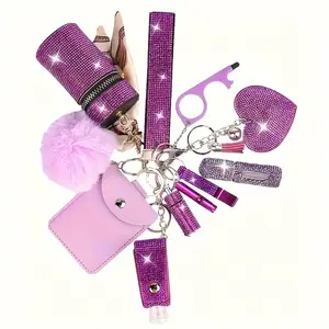 A Set of 11 Women'S Safety Keychains, Featuring a Multifunctional Keyring with Rhinestones, Including a Card Holder, Storage Bag, Pill Bottle, Whistle, And Perfume Bottle for Keychain Combinations, Perfect As a Christmas Gift