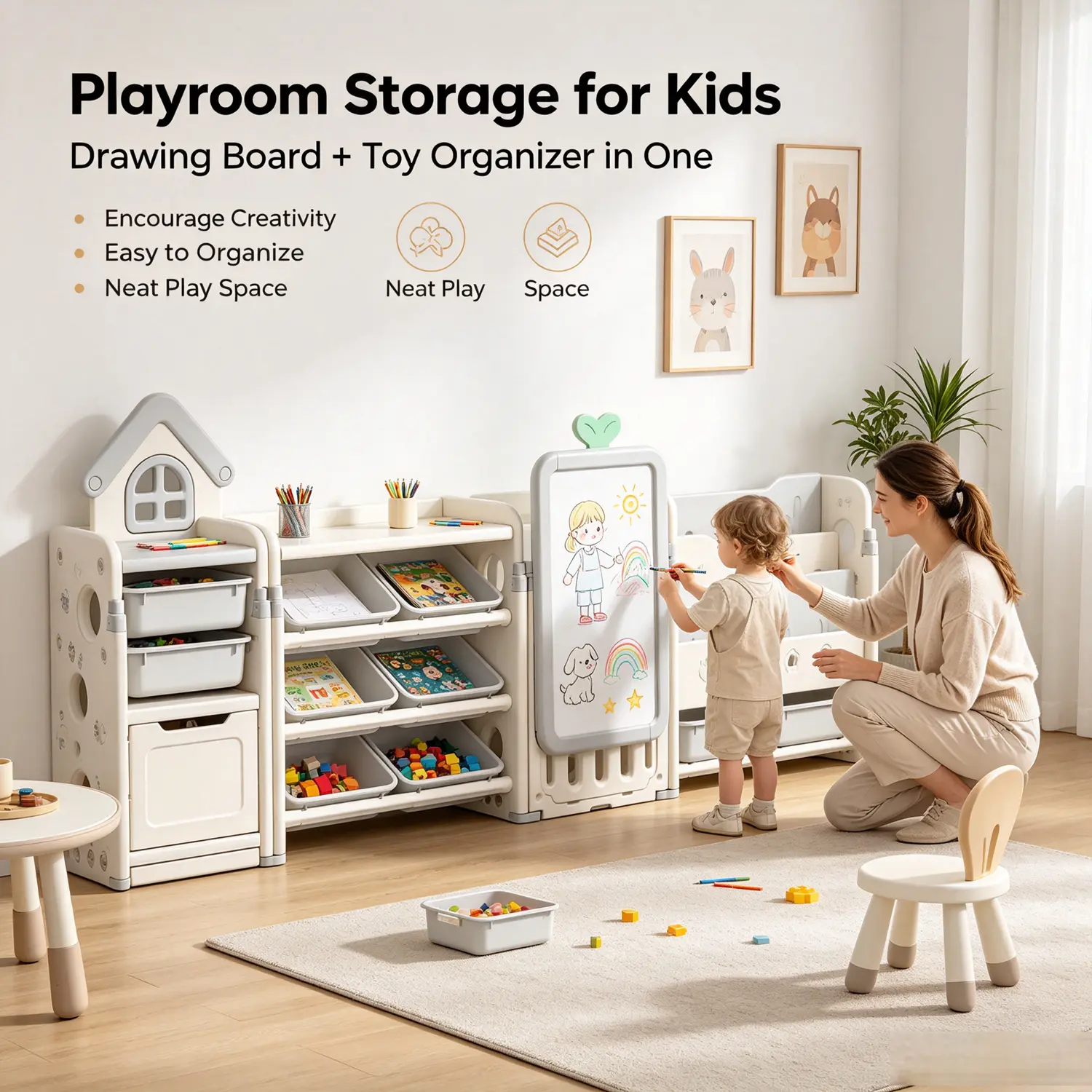 Foldable Kids Toy Storage Organizer with 10 Removable Bins and 3-Tier Bookshelf, 4 in 1 Multifunctional Large Toy Organizer with Drawing Board for Kid Bedroom Playroom Living Room, Light Pink