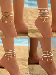 5pcs Layered Shell, Starfish, Turtle Anklets, Coastal Grandma Style Foot Jewelry, Suitable For Summer Vacation, Beach Outfit, Dating, Gift