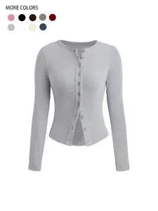 Women's Plain Button-Front Ribbed Tee, Casual Long-Sleeve Round-Neck T-Shirt for Spring & Fall, Women's Top for Daily Wear