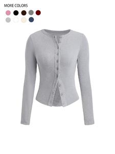 women's plain button front ribbed tee, casual longsleeves round neck t-shirt for spring & fall, women's top for daily wear, button front cardigan