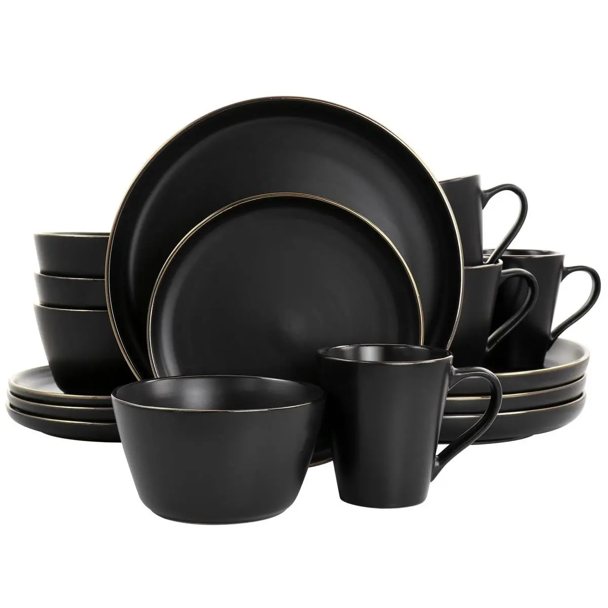 212 MAIN Sturdy Round Paul Stoneware 16-Piece Tableware Set - Matte Black with Gold Rim, Flat Base, Microwave-Safe, Includes Plates and Dishes, Gold-Tone Dinner Set, Gold-Tone Dinner Sets