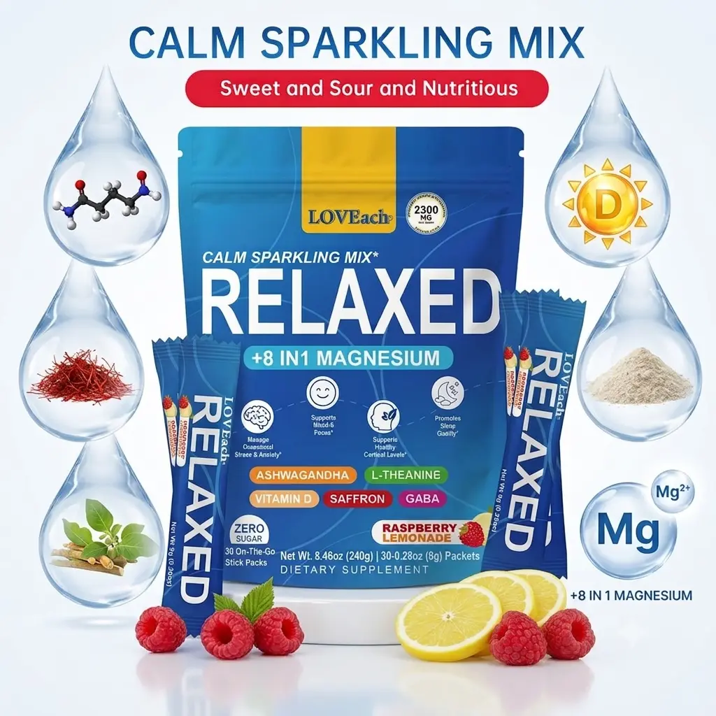 Relaxed Calm Sparkling Mix 8 in 1 Magnesium with GABA Ashwagandha L Theanine for Stress Relief Anxiety Support Deep Sleep Supplement 0 Sugar Raspberry Lemonade 30 Packets
