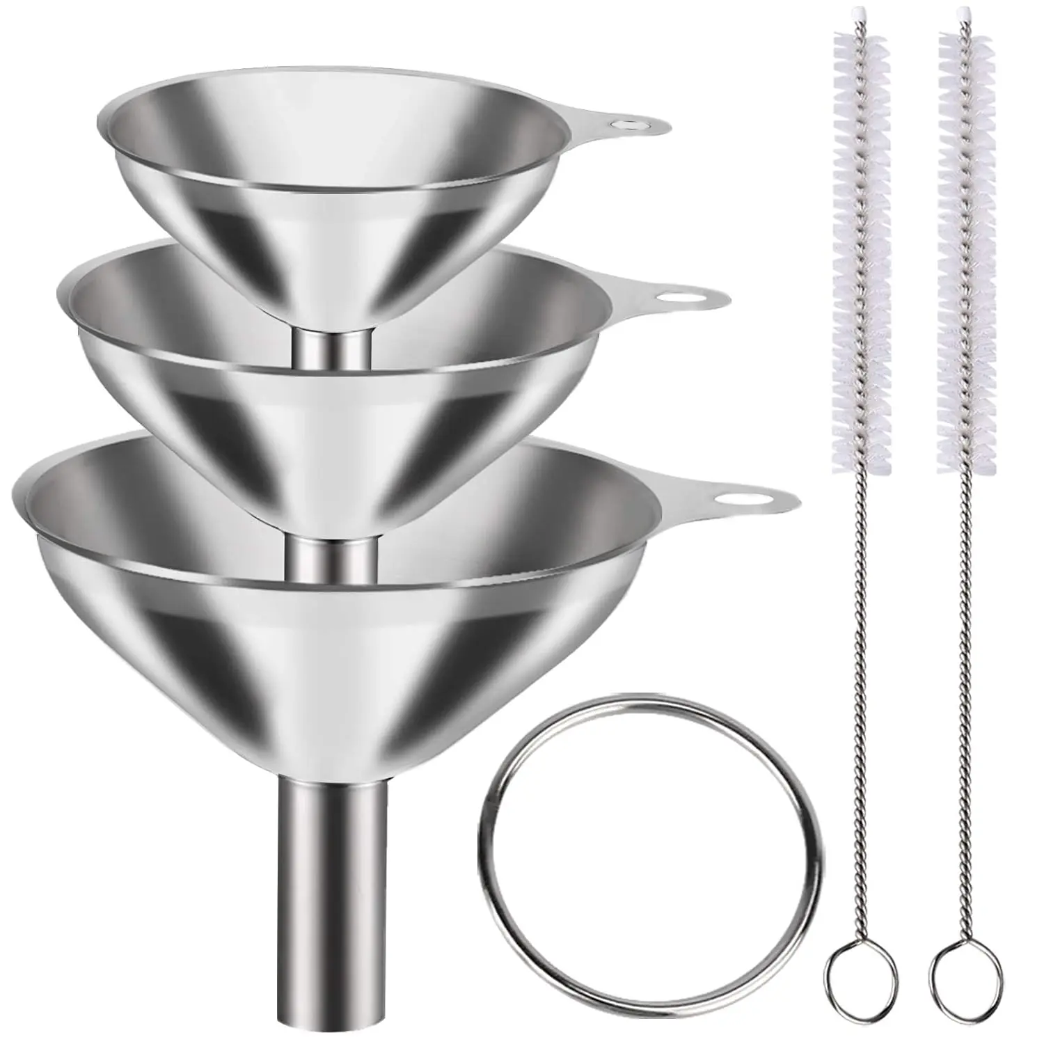 Metal Stainless Steel Funnel, Large Medium Small Funnel Set of 3,  Grade Mini Funnels for Kitchen Use Filling Bottles Flask Cooking, 2 Brushes