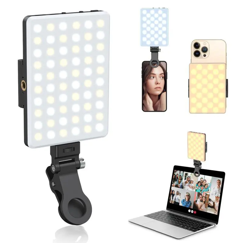 Clip-On Rechargeable Selfie Light for Multi-Device Use - 60 Bright LEDs, Front & Back Clips, 3 Modes, 3000mAh Battery, Even Lighting Camera Accessory for Content Creators, iPhone, iPad, Laptop, Android