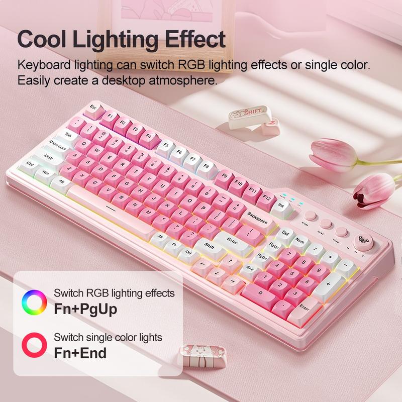 AULA F3099 three-mode wireless keyboard, 99 keys, RGB lighting effect, multi-function knob, light tone film design, compatible with Windows/Mac/iOS system, compatible with computers, notebook computers and mobile phones.