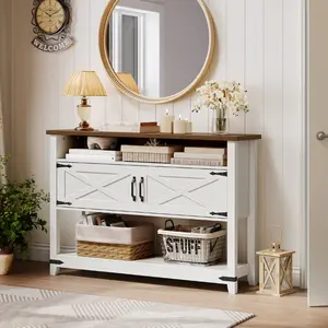 HOOBRO Farmhouse Console Table with Storage, 47.2" Long Entryway Table, White Sofa Table with Doors and Cabinets, Narrow Sofa Table Behind Couch, for Hallway, Foyer, White and Walnut