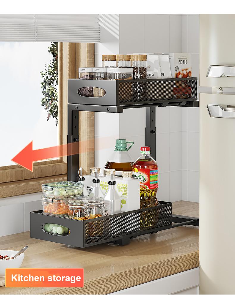 2 Pack Under Sink Organizer,Adjustable Height,2 Tier Pull Out Under Cabinet Organizer,Slide Out Thickened Metal Under Sink Storage for Kitchen Bathroom Laundry Cabinet Pantry,White,black Shelf Rack Racks