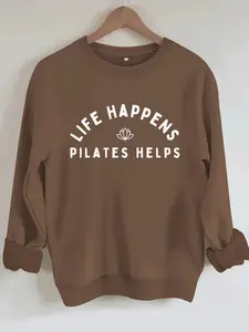 Women's Casual Round Neck Sweatshirt with Pilates Pattern, All-Season Fashion Top, Comfortable Daily Wear