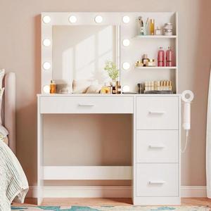 FURMAX Makeup Vanity With Lights,Vanity Desk With Mirror And Power Outlet,Dresser Table With Drawers And Open Shelves
