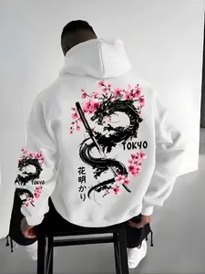 Tokyo Cherry Blossom Dragon & Katana Geometric, Graphic Oversized Hoodie, Black Pink Japanese Anime Streetwear, Soft Cotton Blend Everyday/Urban Style, TikTok Viral Kanji Print Pullover, Edgy Samurai-Inspired Casual Hoodie, Perfect for Anime Fans/Street