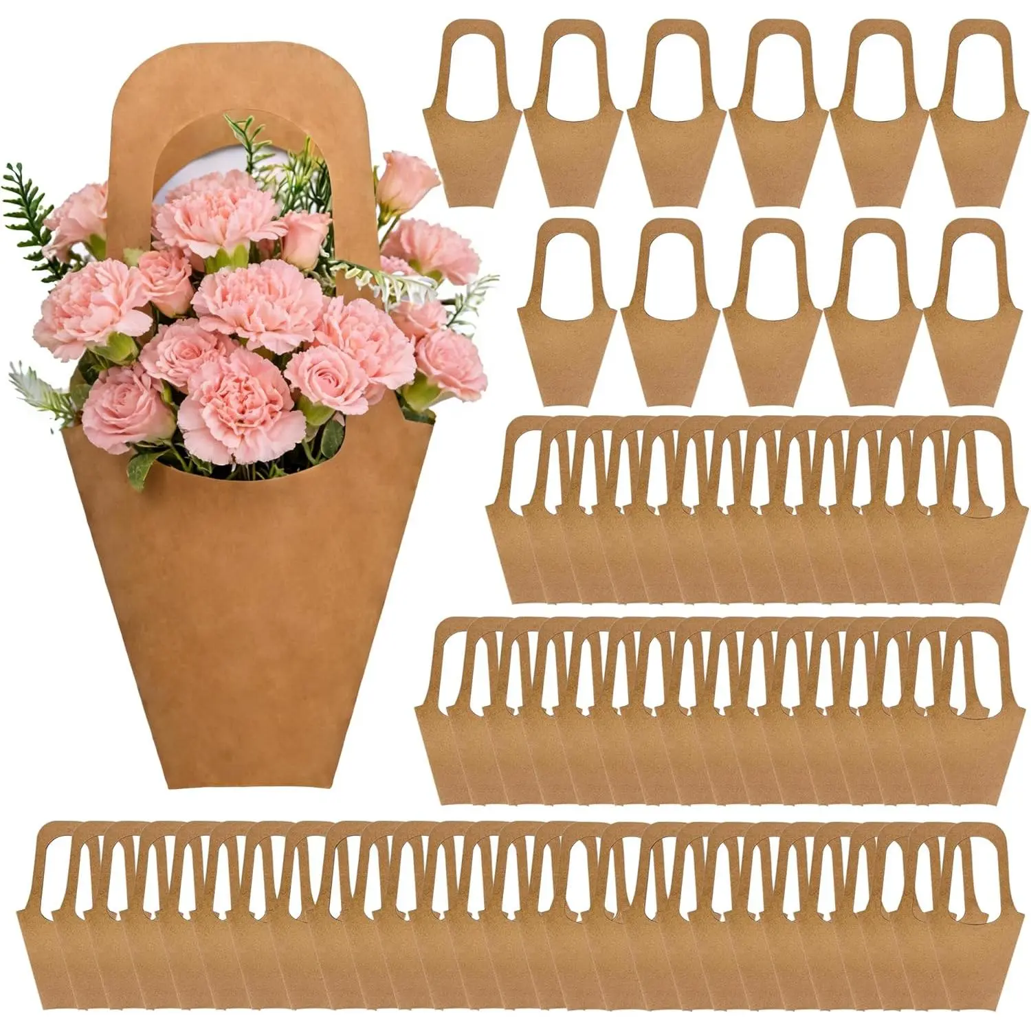 Flower Bags 100 Packs, Flower Bags for Bouquets, Kraft Paper Flower Gift Bags With Handle, Suitable for Flower Shops, Flower Bar, Weddings, Valentine's Day