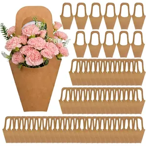 Flower Bags 100 Packs, Flower Bags for Bouquets, Kraft Paper Flower Gift Bags With Handle, Suitable for Flower Shops, Flower Bar, Weddings, Valentine's Day