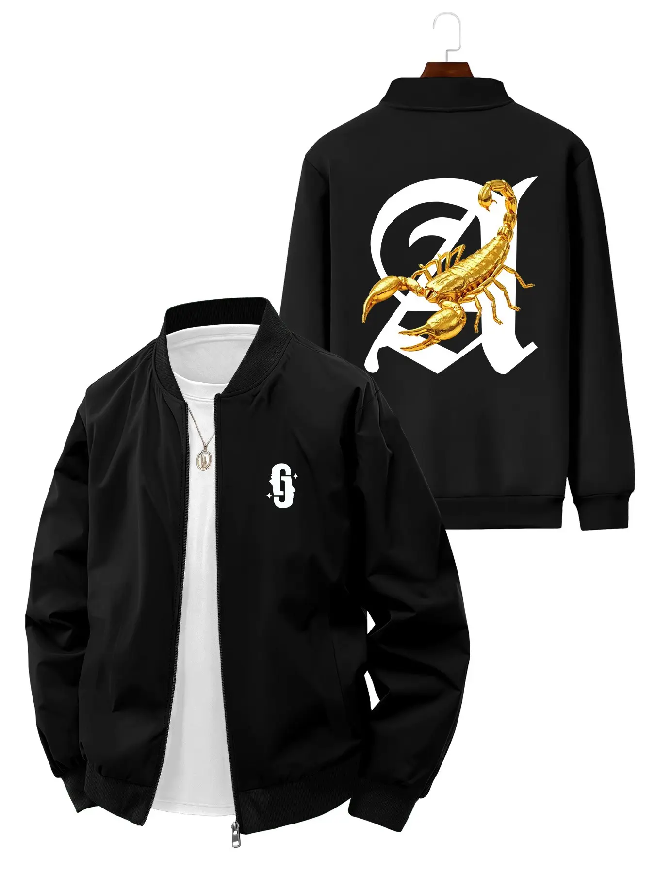 Trendy Men's Gold Scorpion a Badge Baseball Jacket, Casual Long Sleeve Outerwear, Geometric Pattern, Loose Fit, All Seasons Street Style