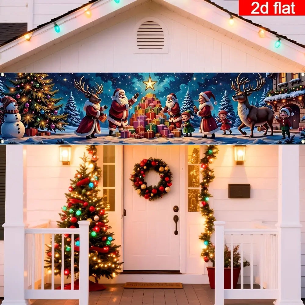 1pc Christmas party banner, made of polyester material, with background pictures of Santa Claus, reindeer and elves, suitable for indoor and outdoor decoration, festival decoration, Christmas party decoration and courtyard decoration