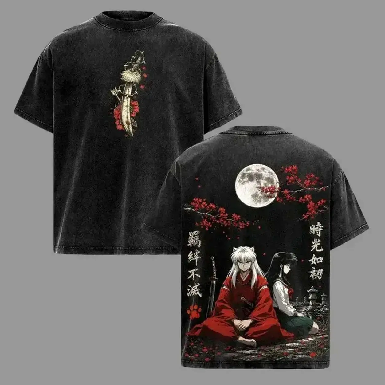 Men's Short-Sleeve Vintage Washed Inuyasha Anime Couple Graphic T-Shirt - Retro Japanese Manga Streetwear, Oversized Heavy Cotton Unisex Apparel, Gift for Adults 82N