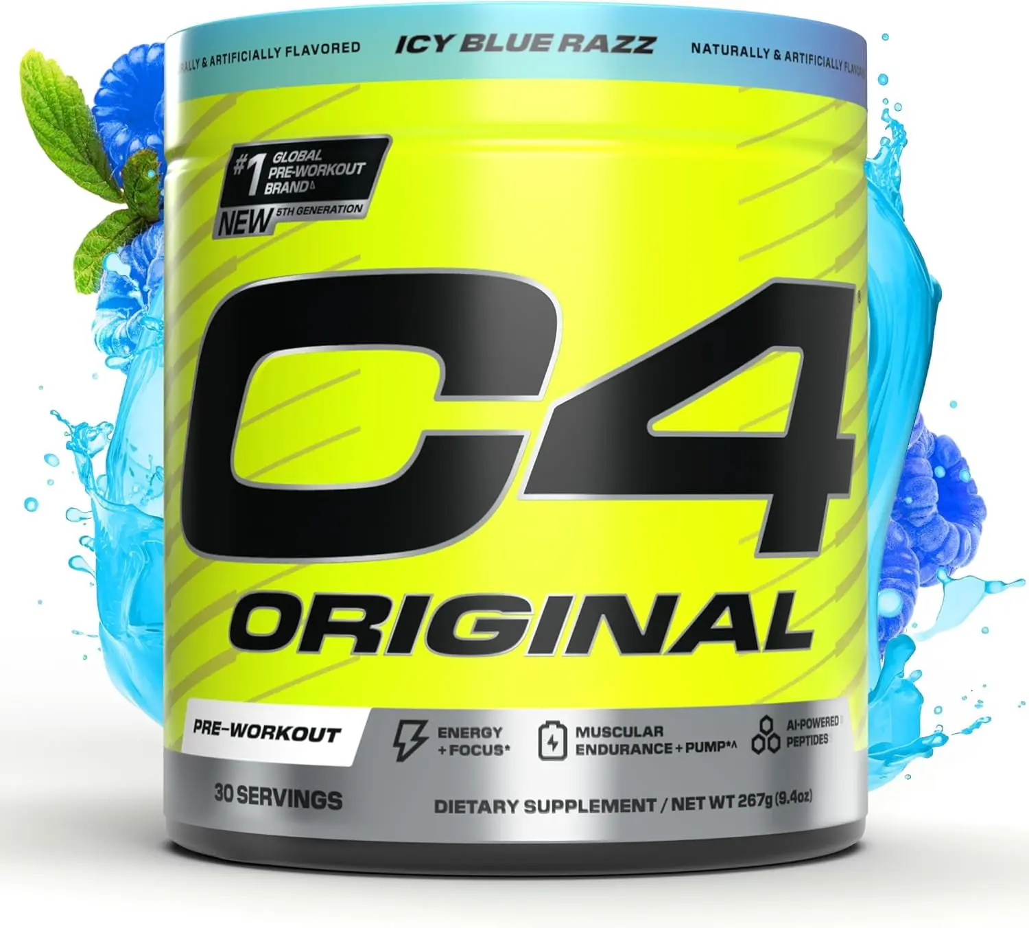 C4 Original Pre Workout Powder, 200mg Caffeine Energy Formula with Beta Alanine & Creatine for Endurance, Focus & Performance, Zero Sugar Preworkout for Men & Women – Icy Blue Razz, 30 Servings