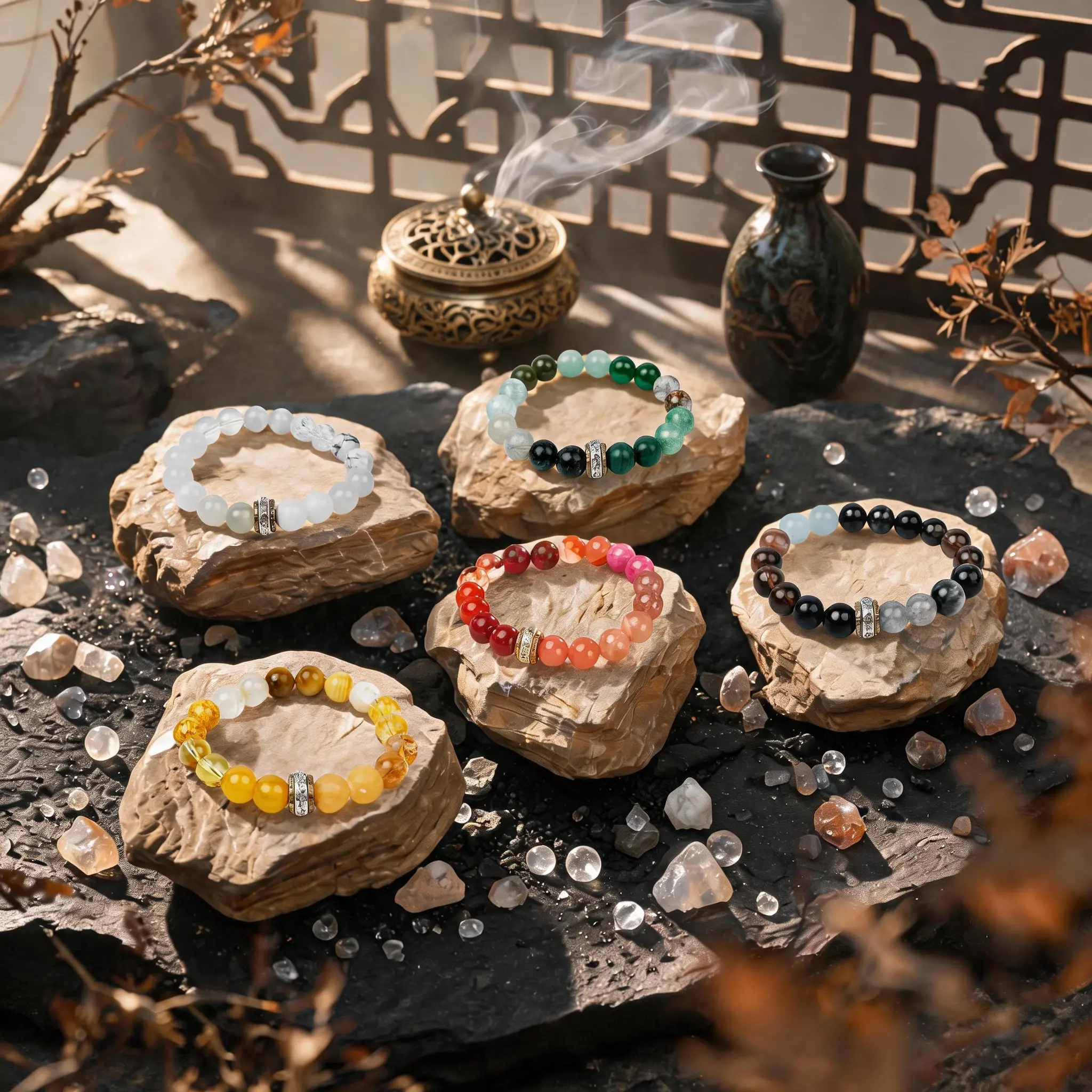 LUMAWU Vintage Silver Talisman Charm Bracelets for Women, 5 Elements Natural Stone Energy Bracelets, Jade Topaz Beaded Charm Bracelets for Inner Peace & Stable Money Fortune