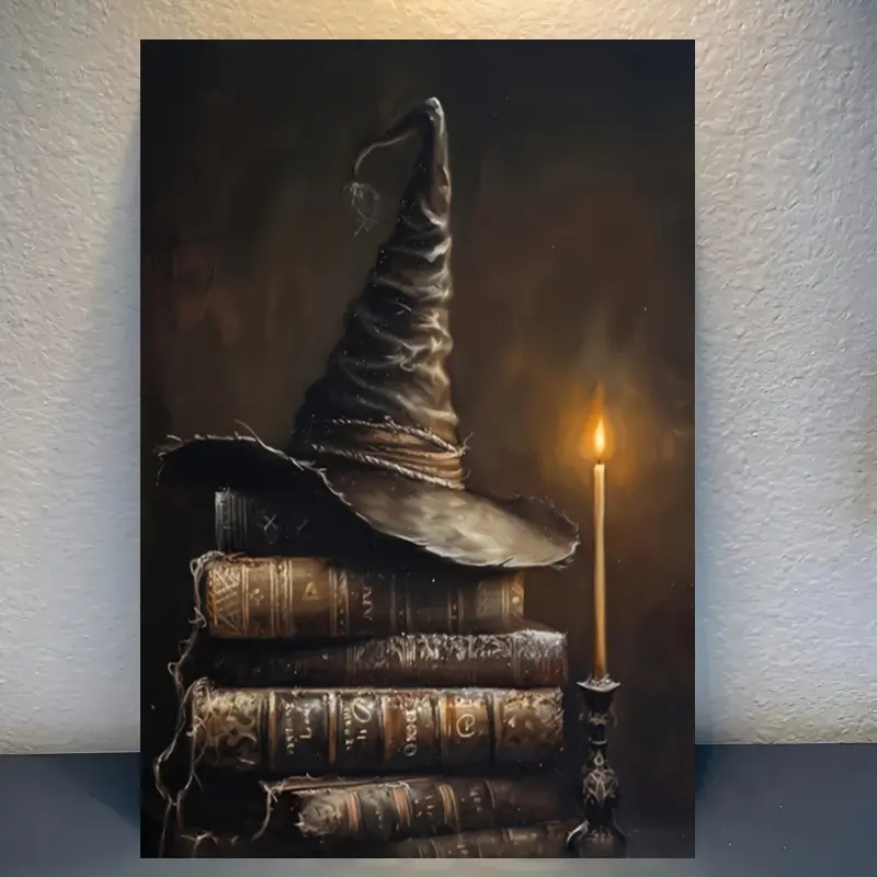 Room Decoration: 1 Piece of Mysterious Wizard Hat and Ancient Book Canvas Art Print, Wooden Frame Fantasy Wall Decor, Unique Gift for Book Lovers, Suitable for Home, Office, Cafe, Perfect Room Decoration