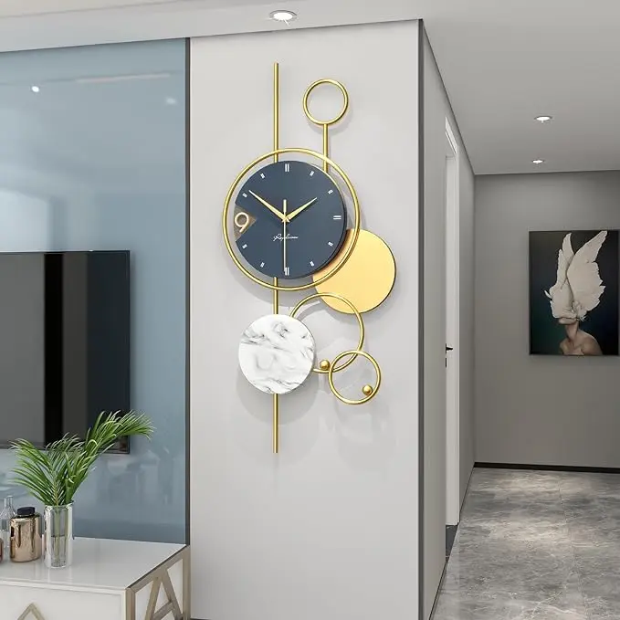 CNCEST 30" Circular Modern Iron Silent Non-Ticking Wall Clock with Hook, Battery-Operated Geometric Gold-Tone Home Decor for Living Room, Kitchen, Geometric Wall Clock, Gold-Tone Wall Clocks