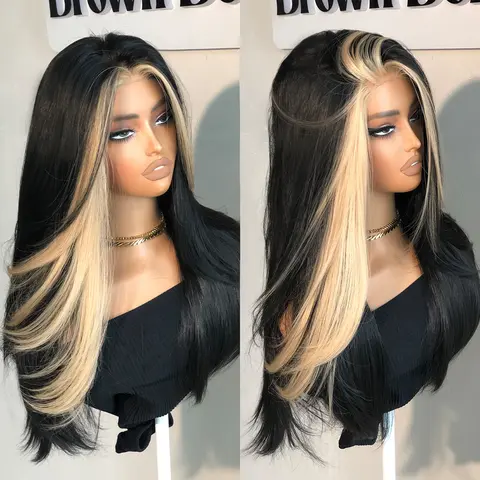 BrownBomb Women's 13x6 HD Lace Front Synthetic Wig, 24in Glueless Natural Straight Pre-Plucked Pre-Cut with Bangs, Voluminous Layered Breathable Wig for Daily Work, Parties, Accessories Adults Female, Synthetic Wigs