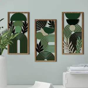 3-Piece Sage Abstract Wooden Wall Art, Bohemian Geometric Wood Sculpture with Natural Leaves, Modern Home Decor for Living Room Bedroom Hallway