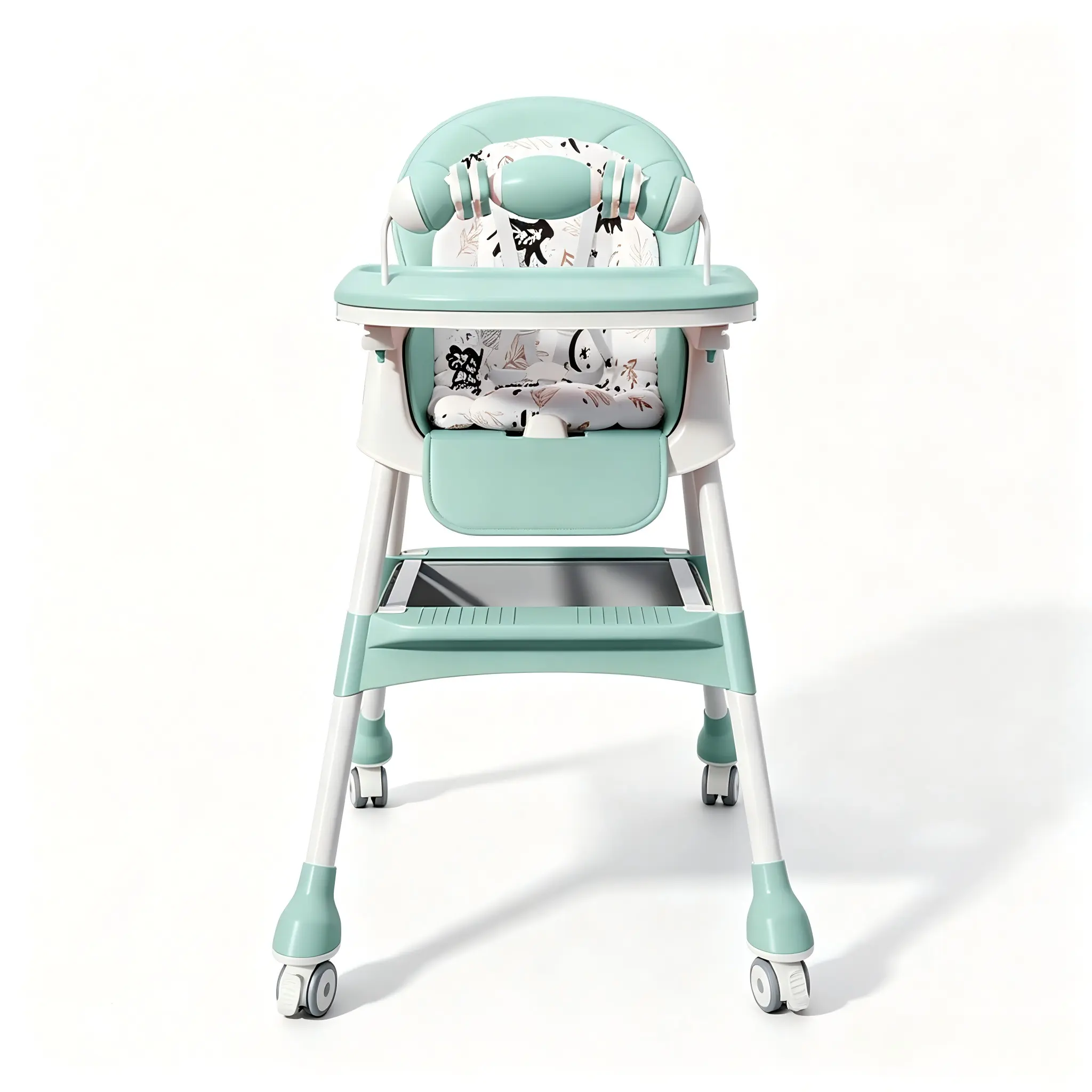 Foldable Straw Adjustable Baby High Chair for 6-36 Months - Lockable Wheels, Detachable Double-Layer Tray, Thick Steel Pipe Frame, Storage Basket, Removable Toy Bar, Comfort Reclining Seat