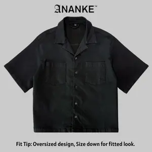 ANANKE Cropped Cuban Button Down Shirt - Retrograde Menswear, Black Open Notch Lapel & Chest Pockets, High Density Canvas Top, Oversized Casual Solid Color Fashion