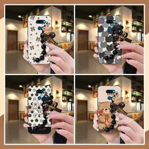 silicone protective case Phone Case For LG K40S Waterproof Dirt-resistant Simplicity Back Cover soft case cute Anti-knock Bear bracelet Black pearl pendant Cartoon