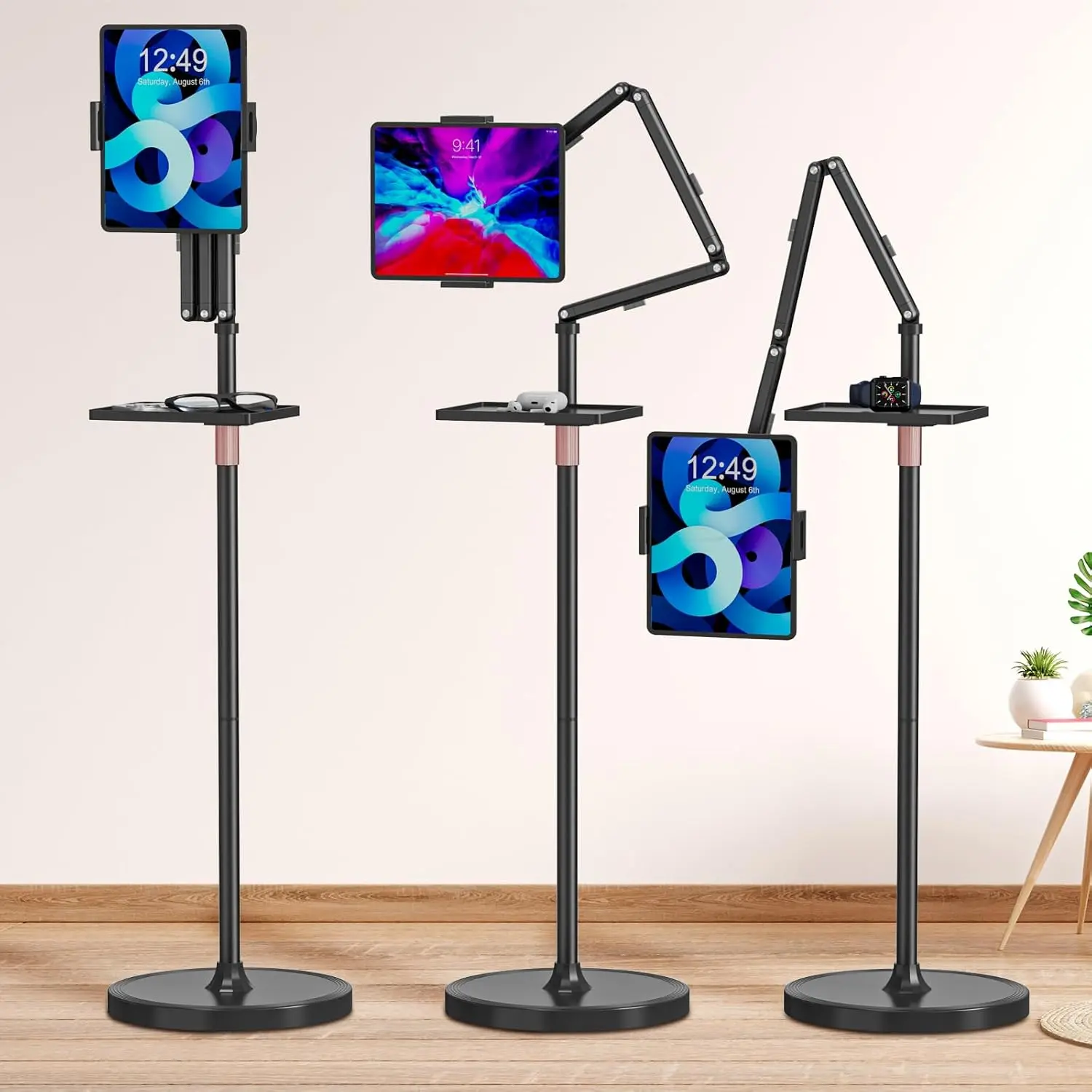 Tablet Floor Stand with Removable Tray, iPad Floor Stand Holder for Bed, Height Adjustable Tablet Mount iPad Holder for 4.7"-15.6" Tablets iPads and Phones