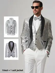 2pc Men's silver sequined suit, white suit jacket, suitable suit jacket for weddings Long Sleeve Formal Menswear Dress Pants