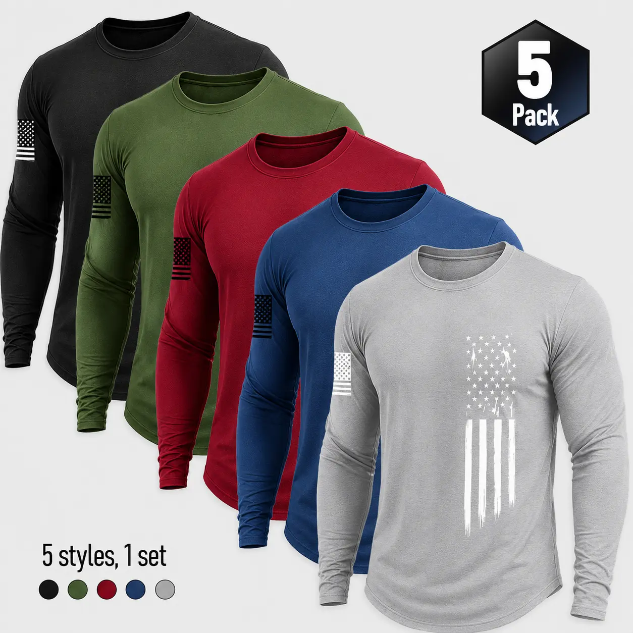 Men's 5-piece long sleeved T-shirtlightweight plain color lining PatriotApparel men's clothing suitable for gymsports wear, quick drying breathablefabric for daily casual wear, spring andautumn men's clothing Athletic ApparelAthletic Mesh